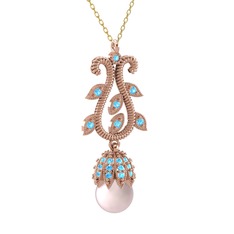 Şah İnci Kolye - Pembe inci ve akuamarin 18 ayar rose altın kolye (40 cm altın rolo zincir) #1svwbqr