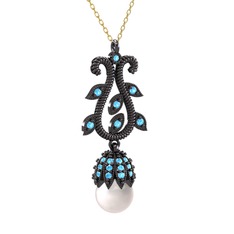 Inci ve akuamarin 925 ayar siyah rodyum kaplama gümüş kolye (40 cm gümüş rolo zincir)