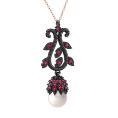 Şah İnci Kolye - Inci ve rodolit garnet 925 ayar siyah rodyum kaplama gümüş kolye (40 cm rose altın rolo zincir) #1uh6fk6