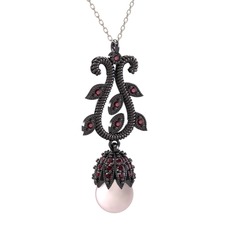 Şah İnci Kolye - Pembe inci ve kök yakut 925 ayar siyah rodyum kaplama gümüş kolye (40 cm gümüş rolo zincir) #1v6jk2k