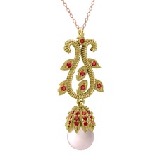 Şah İnci Kolye - Pembe inci ve garnet 18 ayar altın kolye (40 cm rose altın rolo zincir) #1vgdy8c