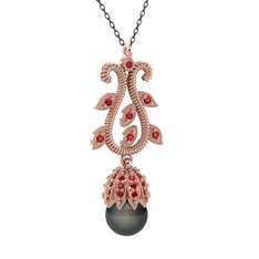 Siyah inci ve garnet 18 ayar rose altın kolye (40 cm gümüş rolo zincir)