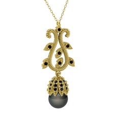 Şah İnci Kolye - Siyah inci ve siyah zirkon 14 ayar altın kolye (40 cm gümüş rolo zincir) #1wjhm7t