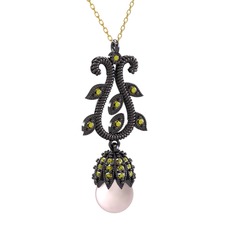 Şah İnci Kolye - Pembe inci ve peridot 925 ayar siyah rodyum kaplama gümüş kolye (40 cm gümüş rolo zincir) #1xj6xew