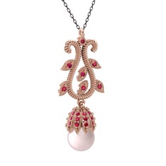 Şah İnci Kolye - Pembe inci ve rodolit garnet 18 ayar rose altın kolye (40 cm gümüş rolo zincir) #1y24xm3