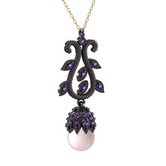 Şah İnci Kolye - Pembe inci ve ametist 925 ayar siyah rodyum kaplama gümüş kolye (40 cm altın rolo zincir) #1y3macf