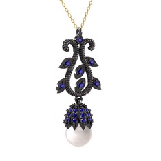Şah İnci Kolye - Inci ve lab safir 925 ayar siyah rodyum kaplama gümüş kolye (40 cm altın rolo zincir) #2ad781