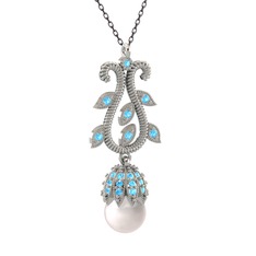 Şah İnci Kolye - Inci ve akuamarin 14 ayar beyaz altın kolye (40 cm gümüş rolo zincir) #2b2acw
