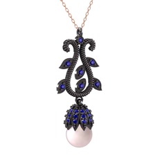 Pembe inci ve lab safir 925 ayar siyah rodyum kaplama gümüş kolye (40 cm rose altın rolo zincir)