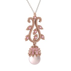 Şah İnci Kolye - Pembe inci ve pembe kuvars 8 ayar rose altın kolye (40 cm beyaz altın rolo zincir) #4gi8ar