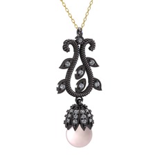 Şah İnci Kolye - Pembe inci ve swarovski 925 ayar siyah rodyum kaplama gümüş kolye (40 cm altın rolo zincir) #4hem4z