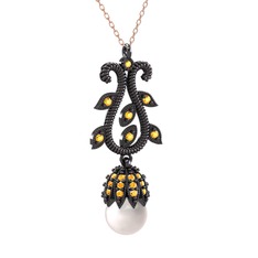 Şah İnci Kolye - Inci ve sitrin 925 ayar siyah rodyum kaplama gümüş kolye (40 cm rose altın rolo zincir) #51yiil