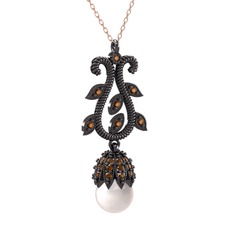 Şah İnci Kolye - Inci ve dumanlı kuvars 925 ayar siyah rodyum kaplama gümüş kolye (40 cm rose altın rolo zincir) #5evqjk