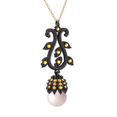 Şah İnci Kolye - Pembe inci ve sitrin 925 ayar siyah rodyum kaplama gümüş kolye (40 cm altın rolo zincir) #5llbjk