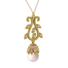 Şah İnci Kolye - Pembe inci ve pembe kuvars 14 ayar altın kolye (40 cm rose altın rolo zincir) #61w0gf