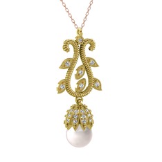 Şah İnci Kolye - Inci ve beyaz zirkon 14 ayar altın kolye (40 cm gümüş rolo zincir) #8qe70e