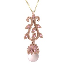 Şah İnci Kolye - Pembe inci ve pembe kuvars 14 ayar rose altın kolye (40 cm altın rolo zincir) #8xat8o
