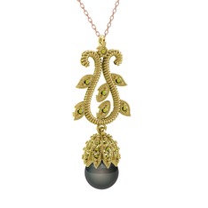 Şah İnci Kolye - Siyah inci ve peridot 18 ayar altın kolye (40 cm rose altın rolo zincir) #928s72
