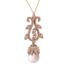 Şah İnci Kolye - Pembe inci ve beyaz zirkon 18 ayar rose altın kolye (40 cm gümüş rolo zincir) #a5j4v