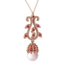 Pembe inci ve garnet 14 ayar rose altın kolye (40 cm rose altın rolo zincir)