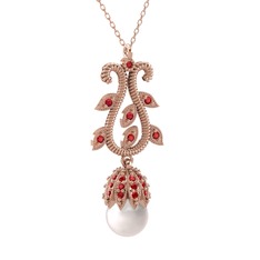 Şah İnci Kolye - Inci ve garnet 925 ayar rose altın kaplama gümüş kolye (40 cm rose altın rolo zincir) #bihw3d