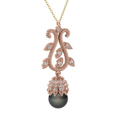 Siyah inci ve beyaz zirkon 8 ayar rose altın kolye (40 cm altın rolo zincir)