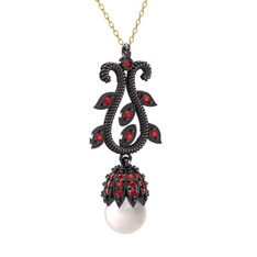 Şah İnci Kolye - Inci ve garnet 925 ayar siyah rodyum kaplama gümüş kolye (40 cm altın rolo zincir) #dj20b