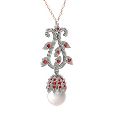 Şah İnci Kolye - Inci ve garnet 14 ayar beyaz altın kolye (40 cm rose altın rolo zincir) #dkch94