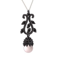Şah İnci Kolye - Pembe inci ve siyah zirkon 925 ayar siyah rodyum kaplama gümüş kolye (40 cm beyaz altın rolo zincir) #dtj9ci