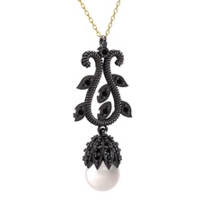 Inci ve siyah zirkon 925 ayar siyah rodyum kaplama gümüş kolye (40 cm gümüş rolo zincir)