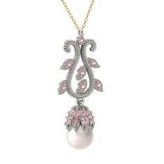 Şah İnci Kolye - Inci ve pembe kuvars 14 ayar beyaz altın kolye (40 cm altın rolo zincir) #eprgf0