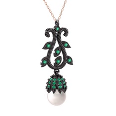 Şah İnci Kolye - Inci ve kök zümrüt 925 ayar siyah rodyum kaplama gümüş kolye (40 cm gümüş rolo zincir) #ghulqf