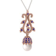 Şah İnci Kolye - Inci ve lab safir 14 ayar rose altın kolye (40 cm beyaz altın rolo zincir) #hefqnm