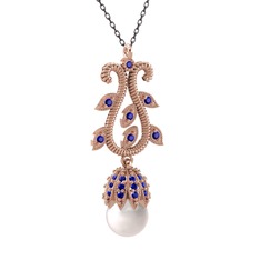 Şah İnci Kolye - Inci ve lab safir 18 ayar rose altın kolye (40 cm gümüş rolo zincir) #hiesyg