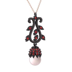 Şah İnci Kolye - Pembe inci ve garnet 925 ayar siyah rodyum kaplama gümüş kolye (40 cm rose altın rolo zincir) #hkijhw