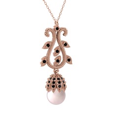 Şah İnci Kolye - Pembe inci ve siyah zirkon 8 ayar rose altın kolye (40 cm rose altın rolo zincir) #jnyafh