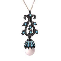 Şah İnci Kolye - Pembe inci ve akuamarin 925 ayar siyah rodyum kaplama gümüş kolye (40 cm rose altın rolo zincir) #kxtszg