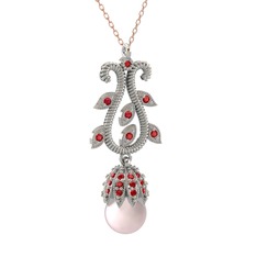 Şah İnci Kolye - Pembe inci ve garnet 925 ayar gümüş kolye (40 cm rose altın rolo zincir) #l11nln