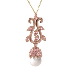 Şah İnci Kolye - Inci ve pembe kuvars 18 ayar rose altın kolye (40 cm altın rolo zincir) #l9boec