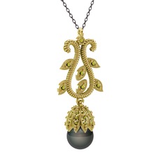 Şah İnci Kolye - Siyah inci ve peridot 14 ayar altın kolye (40 cm gümüş rolo zincir) #lb4th3