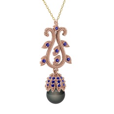 Şah İnci Kolye - Siyah inci ve lab safir 925 ayar rose altın kaplama gümüş kolye (40 cm altın rolo zincir) #o11wxk