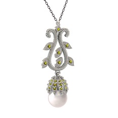 Şah İnci Kolye - Inci ve peridot 14 ayar beyaz altın kolye (40 cm gümüş rolo zincir) #o4a1re