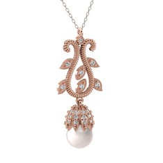 Şah İnci Kolye - Inci ve beyaz zirkon 14 ayar rose altın kolye (40 cm beyaz altın rolo zincir) #p41tdq
