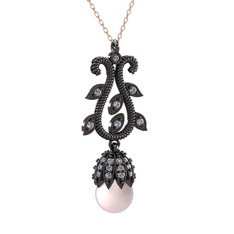 Şah İnci Kolye - Pembe inci ve pırlanta 925 ayar siyah rodyum kaplama gümüş kolye (0.51 karat, 40 cm rose altın rolo zincir) #pf63xx