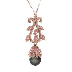 Şah İnci Kolye - Siyah inci ve pembe kuvars 8 ayar rose altın kolye (40 cm rose altın rolo zincir) #q28nob