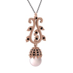 Şah İnci Kolye - Pembe inci ve siyah zirkon 18 ayar rose altın kolye (40 cm gümüş rolo zincir) #q4368b
