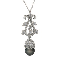 Siyah inci ve swarovski 8 ayar beyaz altın kolye (40 cm gümüş rolo zincir)