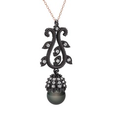 Şah İnci Kolye - Siyah inci ve beyaz zirkon 925 ayar siyah rodyum kaplama gümüş kolye (40 cm rose altın rolo zincir) #qruqnd