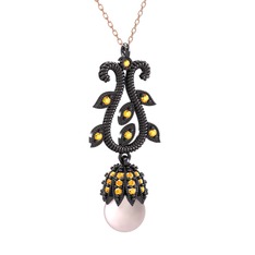 Şah İnci Kolye - Pembe inci ve sitrin 925 ayar siyah rodyum kaplama gümüş kolye (40 cm rose altın rolo zincir) #s76xby