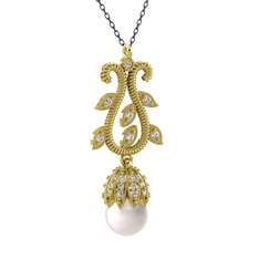 Şah İnci Kolye - Inci ve beyaz zirkon 14 ayar altın kolye (40 cm gümüş rolo zincir) #szrnu0